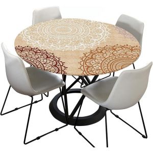 SJZG-Nappe Rondes 70Cm Avec Bord &Eacute;lastique, Beige Impermeable Nappe Anti Tache Lavable Imprim&eacute; Mandala Nappe De Table Pour Cuisine Jardin F&ecirc;te Table (Pour Le Tableau 50-60 Cm) - Neuf