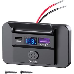 JGD-83W Prise USB Chargeur de Voiture: Double USB 65W PD Type-C et QC3.0 12V/24V Adaptateur Allume-Cigare avec Interrupteur et Affichage Tension/Courant pour MacBook,Portable,iPhone,GPS - Neuf