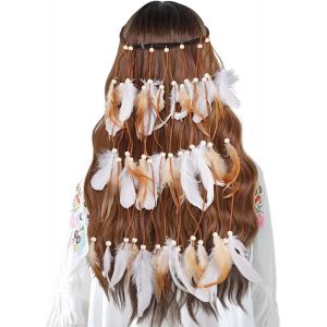 Kal-Serre-Tête Indien En Plumes Bohème Hippie Hippie, Coiffe Indienne Ensemble, Bandeau Tribal, Bandeau Plume Accessoire Pour Femmes Et Filles, Vintage Boho Hippie Fête Carnaval Bijoux, Taille Ajusta - Neuf