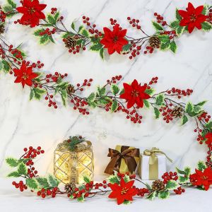 Guirlande Noel Guirlande Sapin Noel Artificiel,Couronne Sapin Vert Arbre avec Pommes de Pin Fleurs Rouges pour Chambre Porte Mur Fenêtre Escalier Cheminée - Neuf