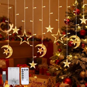 Jgd-Led Guirlande Lumineuse Int&eacute;rieur, 3.5m Rideau Lumi&egrave;re &Eacute;toile Et Lune Pour No&euml;l, 8 Modes Clignotants, Ip44 &Eacute;tanche, Guirlande Led &Agrave; Pile Avec T&eacute;l&eacute;commande, D&eacute;coration Pour No&euml;l, Mariage, F&ecirc;te, Ma - Neuf