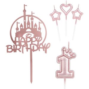 Eryi-Décoration De Gâteau Avec Bougies « Happy 1st Birthday » - Château Rose - Couronne Numéro 1 Pour Gâteau - Bougies Roses - Décoration De Cupcakes Pour Filles, Fête D'anniversaire De Bébé, 1er - Neuf