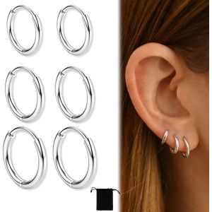 Meimie-6 Paires Boucles D'oreilles Créoles Argent 925,Boucle D Oreille Homme Anneaux,Boucle D'oreille Femme Creole,Boucles D'oreilles Femme,Boucle D Oreille Homme,6/8/10mm - Neuf