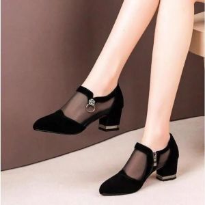 Escarpins Pour Femmes En Maille Respirante À Talons Épais Et Bout Pointu - Noir - Neuf