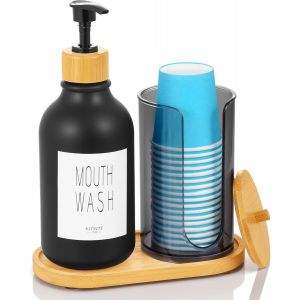 KAL-Distributeur De Savon Avec Support En Bambou, Distributeur De Liquide 500Ml, Gobelets En Plastique Jetables Avec Couvercle Pour La Cuisine Ou La Salle De Bain - Noir - Neuf