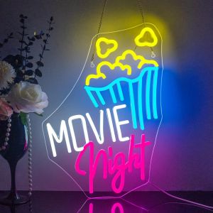 Movie Night Avec Popcorn Neon Sign Cinéma Led Enseignes Au Néon Pour Décoration Murale Salle De Cinéma Panneau Lumineux Movie Time Neon Light Salle De Cinéma Cinéma Signes D'affaires De Fête - Neuf
