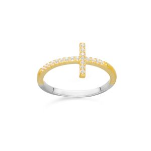 Bague Argent Croix Pavée Doré - Neuf