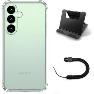 KAL-3 En 1 Coque Pour Samsung Galaxy S25 Plus Avec 1 Support Pour Téléphone Portable,1 Dragonne, Etui En Silicone Tpu Souple, Bumper Avec Coins Renforcés, Protection Claire. (Transparent) - Neuf