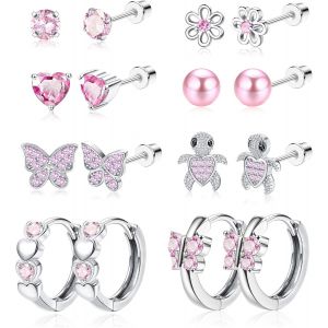 8 Paires Boucles D'oreilles Hypoallergéniques Pour Femmes Filles Acier Inoxydable 316l Cz Coeur Vis Dos Boucles D'oreilles Fleur Multicolore Papillon Boucles D'oreilles Ensemble - Neuf