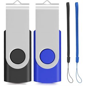 Lot De 2 Cl&eacute;s Usb 2.0 Avec Protection Pivotante (Couleurs M&eacute;lang&eacute;es Et Cordon) 32 Go Noir/Bleu - Neuf