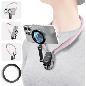 Sakura Magnetic Cell Phone Holder - Pov / Vlog Selfie Holder - Hands-Free Cell Phone Holder - Video Recording - Iphone 12-16 Pro Max Plus Min Via Sakura Pink - Neuf