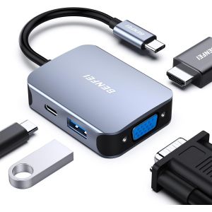 KALANKA-HUB USB C 4 en 1, adaptateur USB C vers HDMI VGA, adaptateur USB Type-C vers USB, compatible pour MacBook Pro/Air, iPhone 15 Plus Pro Max, Surface Book 2, Dell XPS 13/15,Pixelbook et plus- G - Neuf