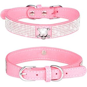 Eryi-Collier Avec Strass Pour Chien Et Chat - En Daim Souple - Éblouissant Et Étincelant - Collier Avec Strass - Taille M - Rose - 5 - Neuf