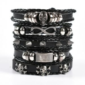 5pcs Tressé Noir Bracelet En Cuir Pour Hommes Femmes Punk Crâne Rock Bracelet - Neuf