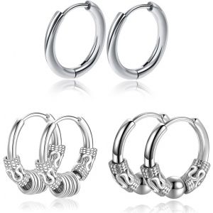 Kal-Boucle D'oreille Homme,Boucles D'oreilles Femme,Boucle D'oreille Femme,Personnalité Studs Vintage Hoop Boucles D'oreilles, Boucles D'oreilles Rondes (3 Paires D'argent) - Neuf