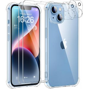 5 En 1 Coque Pour Iphone 14 Avec 2 Verre Tremp&eacute; Et 2 Cam&eacute;ra Protecteur, &Eacute;tui De Protection Antichoc Avec Coussin D'Air Int&eacute;gr&eacute; Mince Bumper Housse- Transparente - Neuf