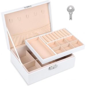 Boite A Bijoux Femme, 2 Niveaux Grande Rangement Bijoux Avec Clés, Cuir Pu Organisateur De Bijoux Pour Bracelets, Bagues, Colliers, Blanc Boîte À Bijoux De Voyage, Idee Cadeau Femme - Neuf