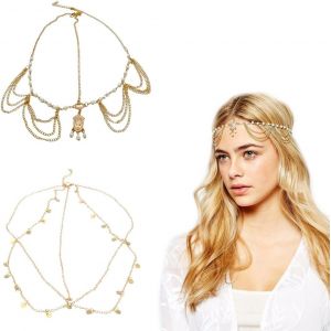 Kalvd-2 Pièces Bijoux De Tete,Chaîne De Tête Dorée,Bandeau Boheme,Bijoux De Tete Oriental,Pour Femmes Et Adolescentes Cadeaux - Neuf
