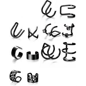 Kal-Faux Piercing Oreille - 12pcs Faux Piercing Oreille Réglables Ear Cuff Cartilage Clips Oreilles Non Percées Manchette Oreille Boucle Oreille Sans Trou Boucle D'oreille Clip Femme(Noir) - Neuf