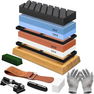Pierre À Aiguiser,Aiguiseur Couteaux Professionnel,400/1000 3000/8000 Grains,Apporter Base Antidérapante,Guide D'Angle,Ceinture En Cuir,Gants Anticoupure,Pâte À Polir,Guide D'Aiguisage - Neuf