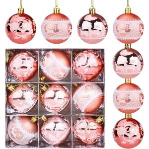 9 Boules de Noël en Or Rose de 6cm de Boules de Noël Ornements Boules incassables Boules de Noël, mousseux Père Noël renne Boules de sapin de Noël Boule de Noël suspendus pour mariage fête décoration - Neuf