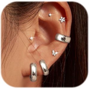 Tianyi-7 Paires De Boucles D'oreilles Cr&eacute;oles Hypoallerg&eacute;niques Plaqu&eacute;es Or 14 Carats Pour Femme, En Acier Chirurgical 316l, &Agrave; Dos Plat, Pour Piercings Multiples, Bijoux Cadeau, Or Et Argent - Neuf