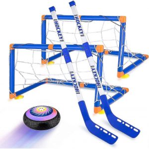 Ensemble de hockey sur coussin d'air pour enfants, jeu de hockey sur coussin d'air avec 2 buts et ballon à air lumineux à LED, cadeaux amusants pour toute la famille - Neuf
