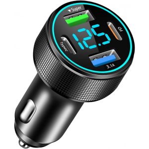4 Ports Allume Cigare Usb C, 66w Qc3.0 Chargeuraallume Cigare & Pd 30w Chargeur Voiture Avec Voltmètre Led Pour Macbook Pro, Iphone, Ipad, Galaxy Phone Devices(Bleu) - Neuf
