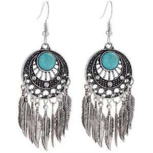 Chenquansarl-Boucles D'oreilles Plumes Boh&egrave;mes Pour Femme, Boucles D'oreilles &Agrave; Pampilles En Plumes Turquo Indiennes, Boucles D'oreilles Pendantes Feuille De Croissant De Lune - Neuf