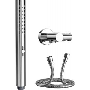 Pommeau de Douche,Avec deux modes de jet (pluie et grand d&eacute;bit),Buse en silicone facile d'entretien,Forme ronde Pommeau Douche Anti Calcaire,Chrome,Pomme de douche &agrave; main + flexible + support - Neuf