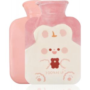 JGD-Bouillotte antid&eacute;flagrante et antifuite en caoutchouc Housse en peluche mignonne d'ours brun ou lapin amovible (Rose) - Neuf