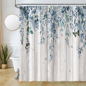 KAL-Rideau Douche Bleu, Rideau De Douche Anti Moisissure 200X180Cm Feuilles D'Eucalyptus Planche De Bois Rideaux De Baignoire Tissu Lavable Imperméable Rideaux Salle De Bain Avec 12 Crochets - Neuf