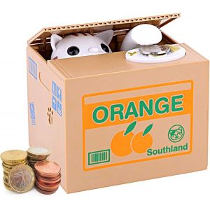 Loc-Tirelire Intelligente Avec Détecteur Automatique - Banque Éducative En Plastique Sécurisé Pour Enfants 3+ Ans, Forme Chat Blanc & Orange, Capacité 500 Pièces - Neuf