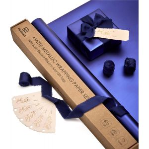 Papier Cadeau Métallisé Bleu Marine 43 Cm Avec 3 Rouleaux De Rubans Bleu Marine Et 6 Étiquettes Cadeaux, Ensemble De Papier Cadeau De Luxe Imperméable Pour Anniversaire, Mariage Et Noël - Neuf