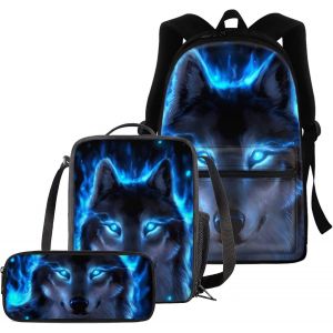 KALSC-Lot De 3 Sacs D'École Pour Garçons Et Filles,Trousse À Crayons,Boîte À Déjeuner Thermique,Loup Bleu Fluo,Sac À Dos Enfant - Neuf