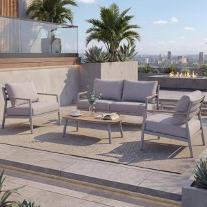 Ensemble de jardin en aluminium HWC-P79, ensemble lounge, canap&eacute;, salon de jardin, tissu/textile ol&eacute;fine 210 g/m&sup2;cr&egrave;me-beige - Neuf