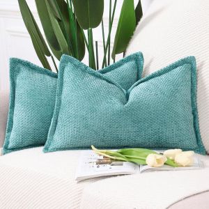 CAUC-Lot de 2 Housses de Coussin Chenille en Velours avec Bordure D&eacute;corative Douce pour Canap&eacute; Chambre &agrave; Coucher Turquoise 30x50 cm - Neuf
