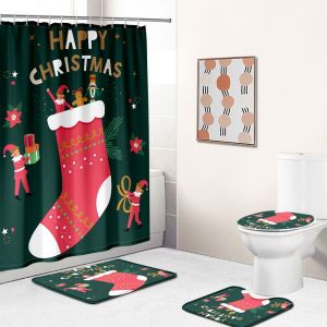 4 Pcs de No&euml;l chaussettes Rideau de Douche Ensemble avec anti-D&eacute;rapant Tapis, Toilette d'un Couvercle et Tapis de Bain, chaussettes de No&euml;l de No&euml;l Rideaux de Douche avec 12 Crochets, No&euml;l Rideau de - Neuf
