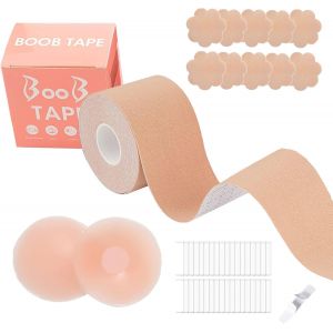 36 Pieces Double-Sided Silicone Breast Enhancer Tape A-G With 1 X 5m Adhesive Tape,5 Pairs Satin Breast Petals,1 Pair Silicone Stickers,,Beige,6 Months - Neuf