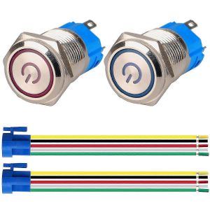 2pcs verrouillage interrupteur à bouton-poussoir 1NO1NC en acier inoxydable étanche 220V-230V / 5A interrupteur éclairé LED avec prise de courant trou de montage de 16mm (bleu + rouge) A - Neuf