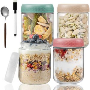 CMWS-Overnight Oats Overnight Oats - Lot de 4 bocaux herm&eacute;tiques avec couvercle &agrave; visser - 500 ml - Pour confiture, conserve, conserve, yaourt - Neuf