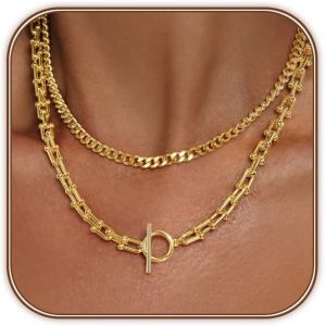 Goldkette Pour Femmes, Collier Superpos&eacute; En Gros Maillons Cuban Plaqu&eacute; Or 14k, Cha&icirc;ne &Agrave; Trombone, Fermoir &Agrave; Bascule Ot Empilable, Bijoux De Mode Hypoallerg&eacute;niques - Neuf