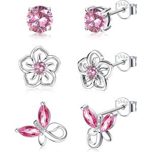 Kal-3 Paires Boucle D'oreille Enfant Fille Femmes En Argent Zircon Cubique Hypoallergénique Fleur Papillon Clou D'oreilles Pierre De Naissance Coloré Cadeau Anniversaire Fille Femmes - Neuf