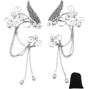Kalhx-Oreille Elfe Femme,1 Paire Elfe Boucles D'oreilles Argent Feuille Ailes D'anges Manchette Oreilles Elfes Boucles D'oreilles Clip Avec Perle Fleur Pour Halloween Cosplay Mariage Costume Elfe - Neuf