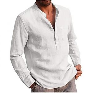 Chemise En Lin Homme Amoune - Modern Doux - Manches Longues - Col Mao - Blanc - Neuf
