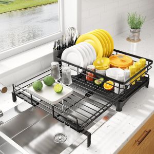 Égouttoir À Vaisselle, Egouttoir Vaisselle Extensible Avec Porte-Couverts Et Bec D'égouttage Pivotant, Pour Comptoir De Cuisine Et Évier, Noir - Neuf