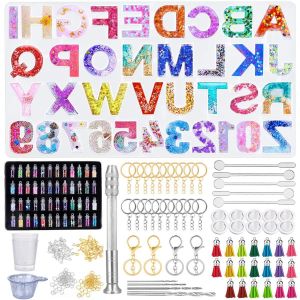 314 Pi&egrave;ces Kit De Moule En R&eacute;sine De Silicone, Epoxy Alphabet Nombre, Lettre Moules 48 Couleurs Paillette Avec Outils, Pour Bricolage Bijoux, Porte-Cl&eacute;s, Gland Pendentif - Neuf