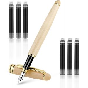 Kalhj-Stylos-Plume En Bois D'érable De 0,5 Mm Fabriqués À La Main-Stylo Plume Vintage De Luxe À Pointe Fine-Stylo D'affaires Lisse-Comprend 6 Cartouches D'encre Et Un Convertisseur De Recharge - Neuf