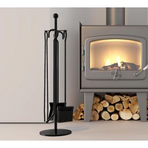 Lot de 5 accessoires pour br&ucirc;leurs &agrave; b&ucirc;ches Noir Diam&egrave;tre 18 cm Hauteur 68 cm Comprend une pelle,un tisonnier,une brosse,une pince et un support Accessoires pour br&ucirc;leur &agrave; b&ucirc;ches - Neuf
