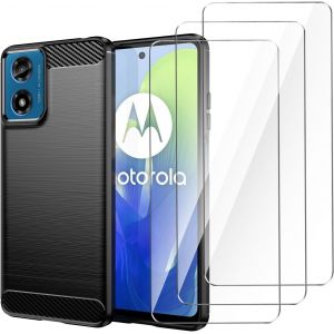 Verre Tremp&eacute; Pour Motorola Moto G04 4g Coque Noir Fibre De Carbone + 3 X Film Protecteur - Souple &Eacute;tui Carbon Fiber Housse Case Cover Pour Motorola Moto G04 4g (6.56") - Neuf
